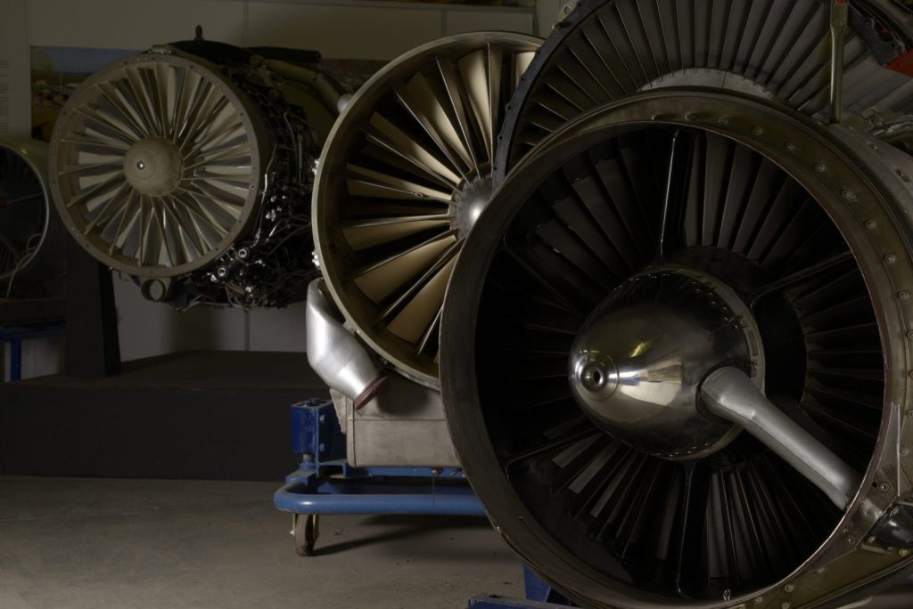 Close-up of a jet engine on display