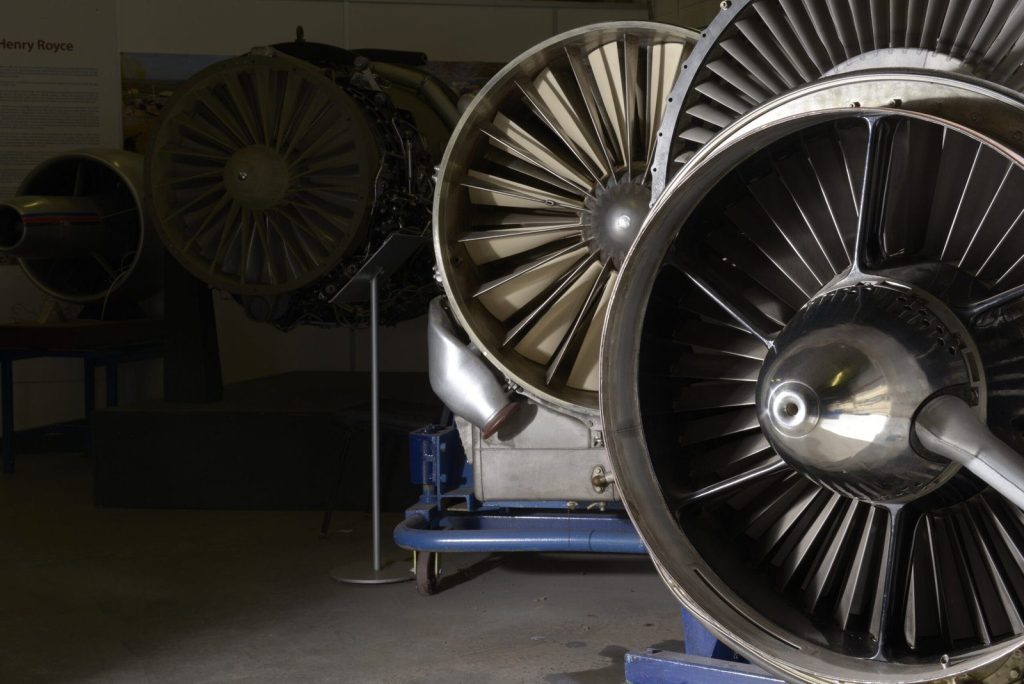 Jet engines on display in the Wing Hangar