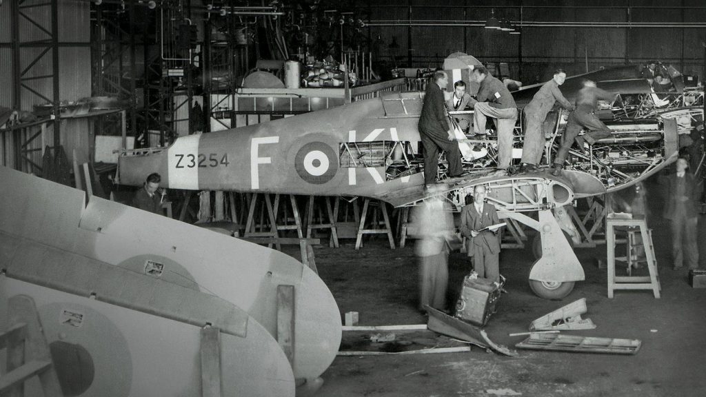 Hurricane repairs in No 1 Hangar, 1940