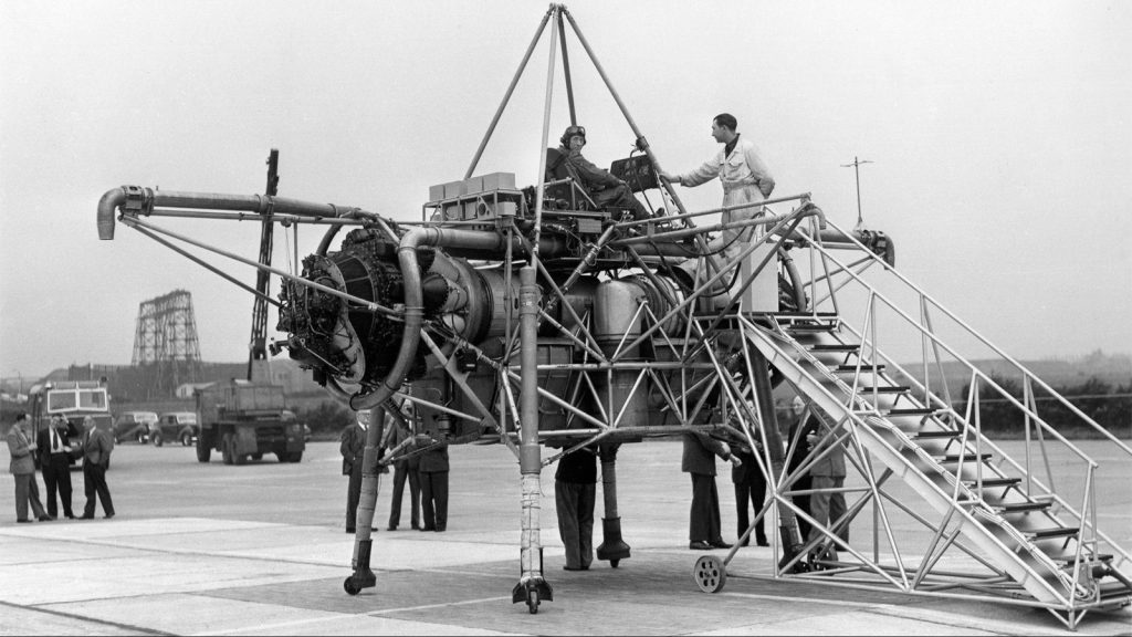 Captain Shepherd about to launch the first free flight of the Flying Bedstead, August 1954