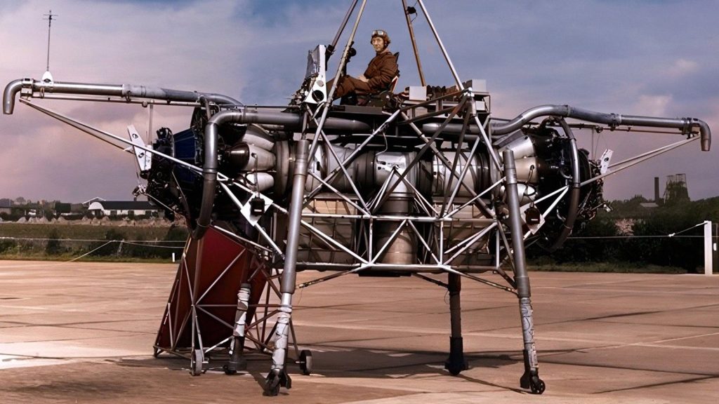 Captain Ronald Shepherd at the controls of the Thrust Measuring Rig, 1954